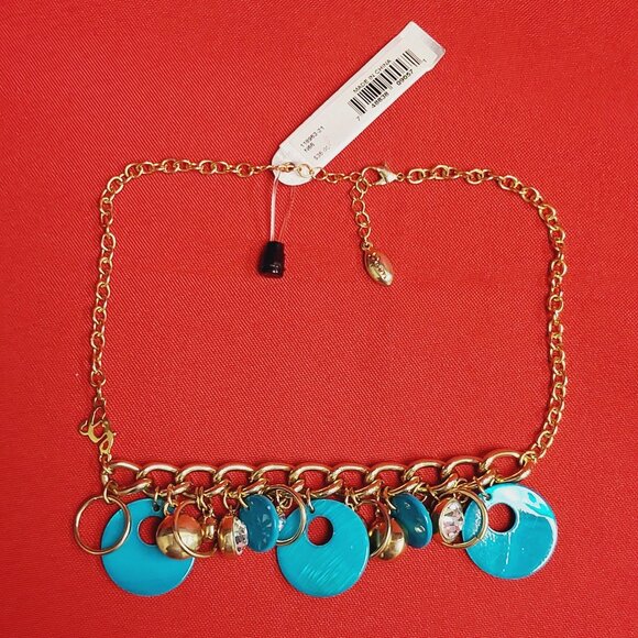 Guess Necklace Blue Teal Beads Gold Tone Clear Rhinestones - Picture 2 of 10